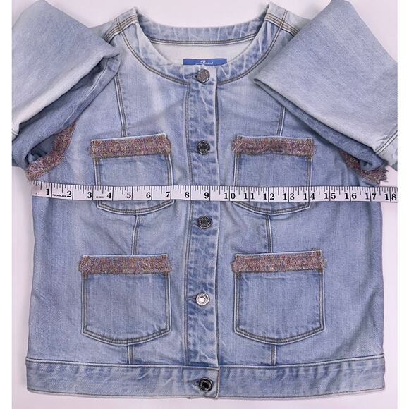 7 For All Mankind Light Wash Blue Denim Jacket Pink Fringe Detail Women’s Size S - Picture 11 of 12